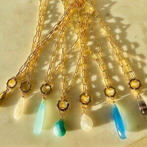 Moonstone Pendant Necklace Removable Charm Gold Paperclip Chain Charm Necklace